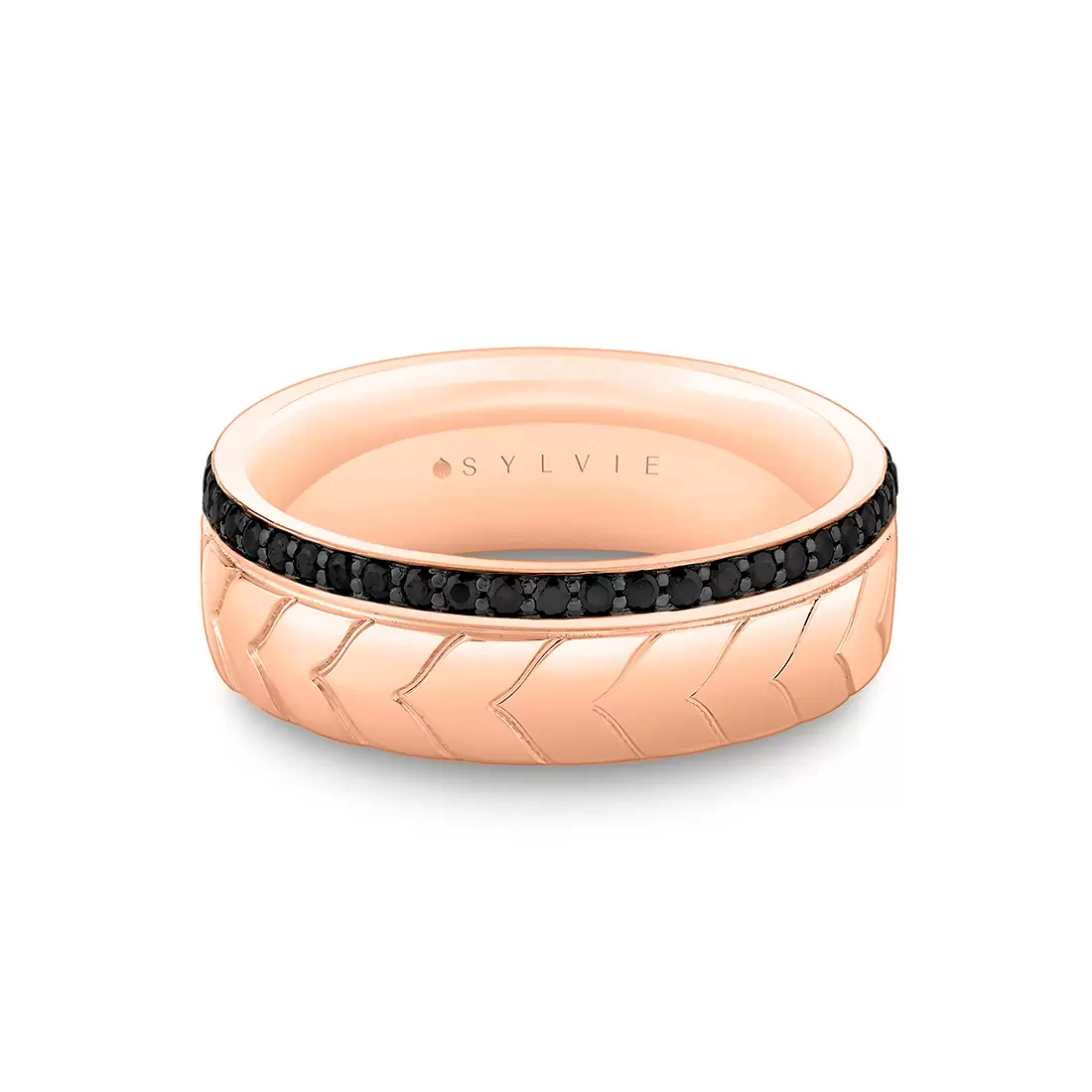 Yellow Gold Shell Apex Engraved Black Diamond Men's Band - Isaac