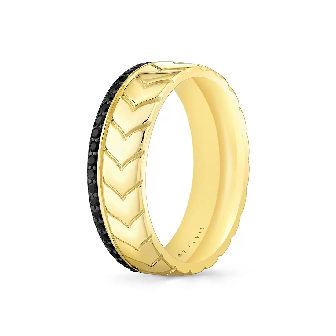 Yellow Gold Shell Apex Engraved Black Diamond Men's Band - Isaac