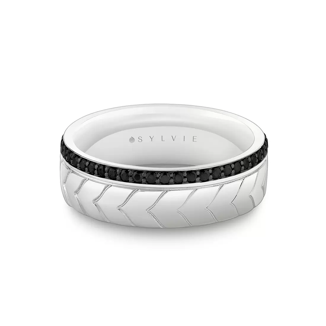 Yellow Gold Shell Apex Engraved Black Diamond Men's Band - Isaac