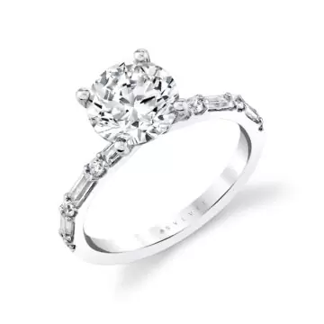 White Gold Round Cut Alternating Diamond and Baguette Engagement Ring - Bonnie