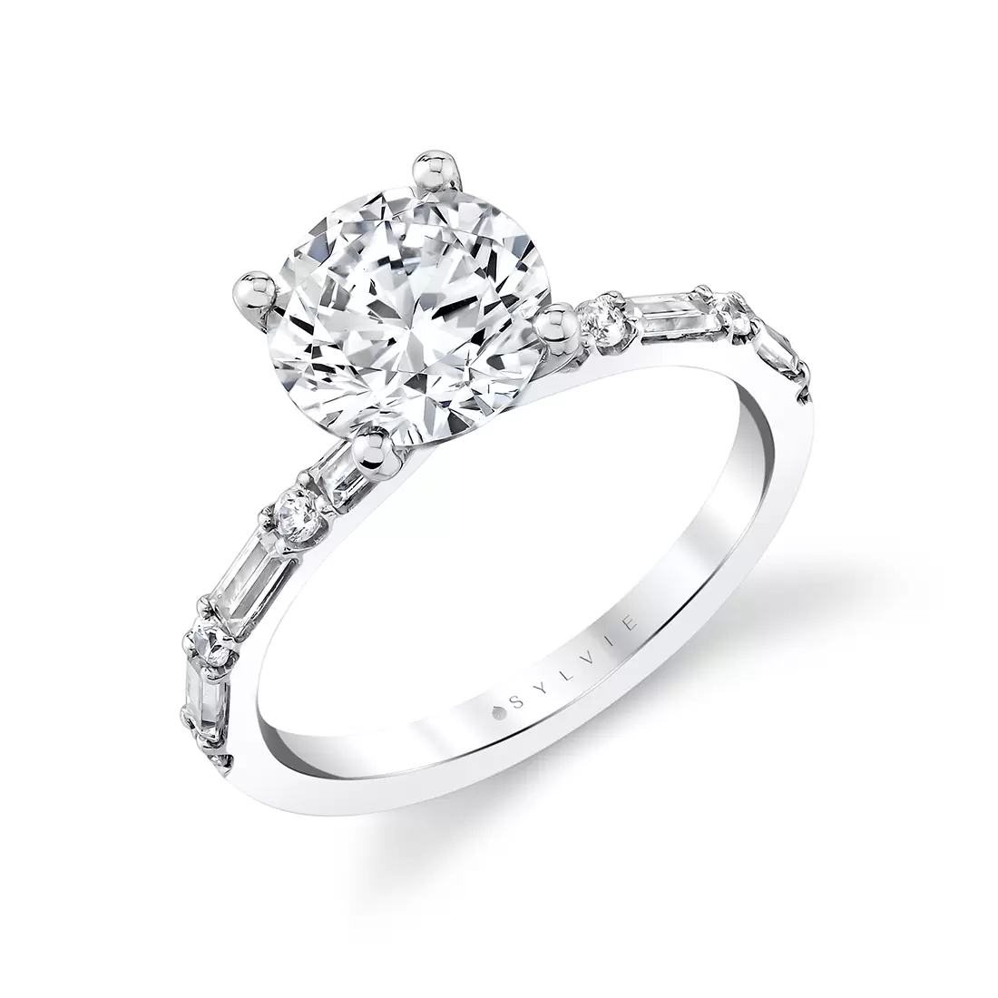 White Gold Round Cut Alternating Diamond and Baguette Engagement Ring - Bonnie