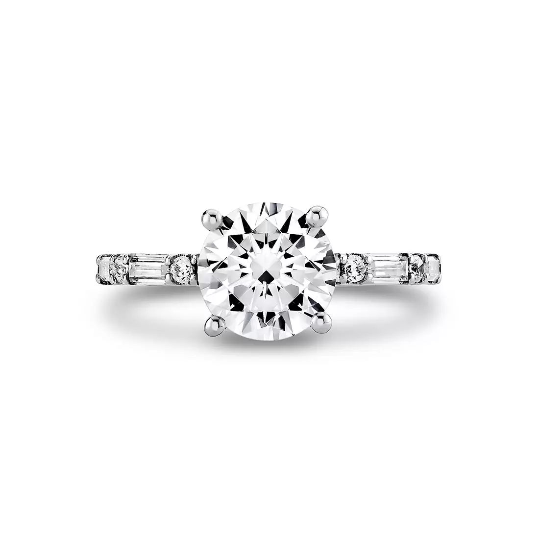 White Gold Round Cut Alternating Diamond and Baguette Engagement Ring - Bonnie