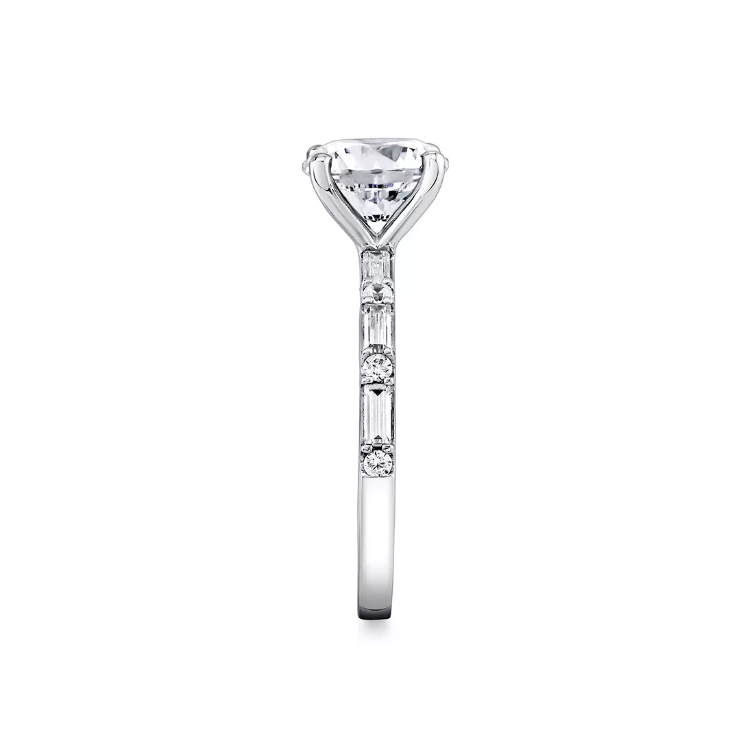 White Gold Round Cut Alternating Diamond and Baguette Engagement Ring - Bonnie