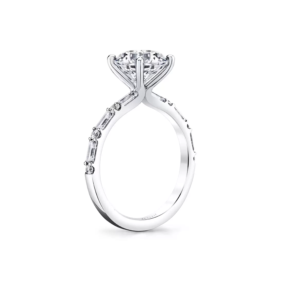 White Gold Round Cut Alternating Diamond and Baguette Engagement Ring - Bonnie