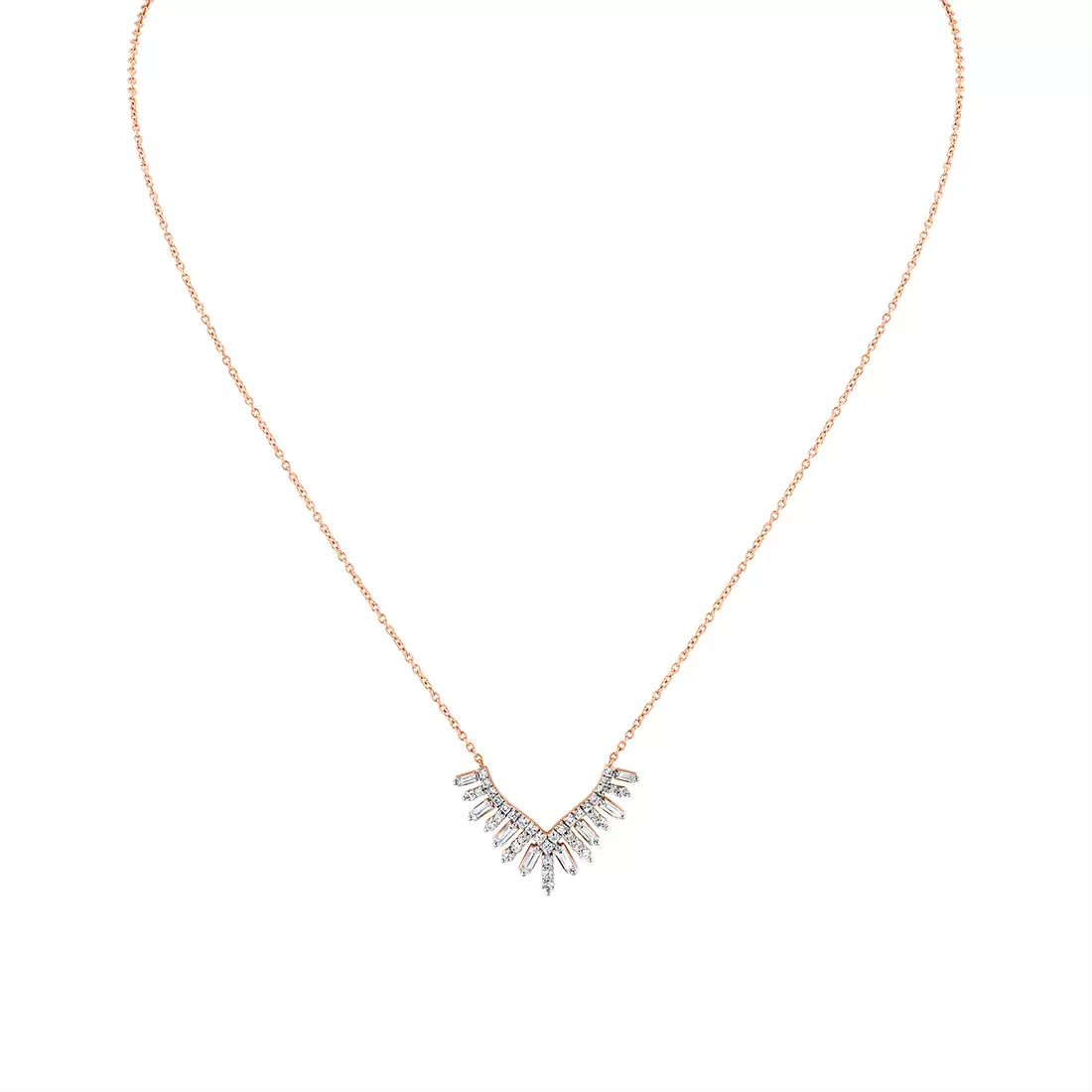 White Gold/Yellow Gold Éternelle Shell Tip Diamond Necklace with Alternating Round and Baguette Diamonds