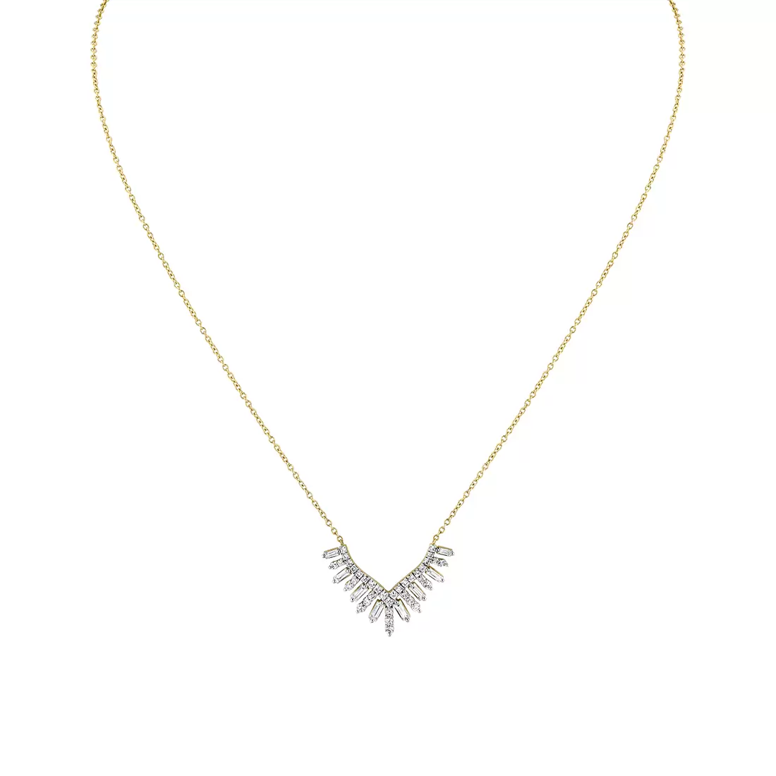 White Gold/Yellow Gold Éternelle Shell Tip Diamond Necklace with Alternating Round and Baguette Diamonds