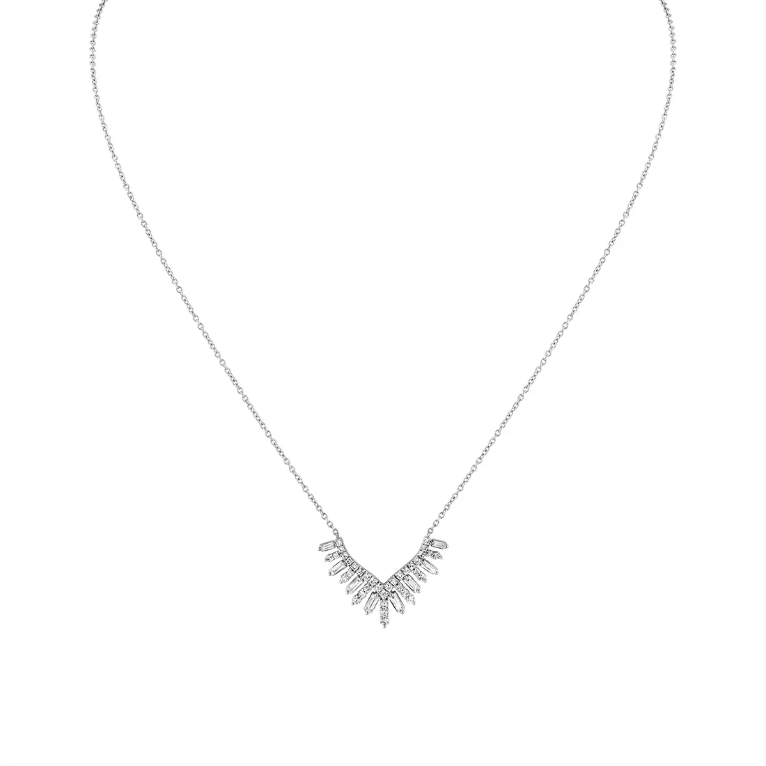 White Gold/Yellow Gold Éternelle Shell Tip Diamond Necklace with Alternating Round and Baguette Diamonds