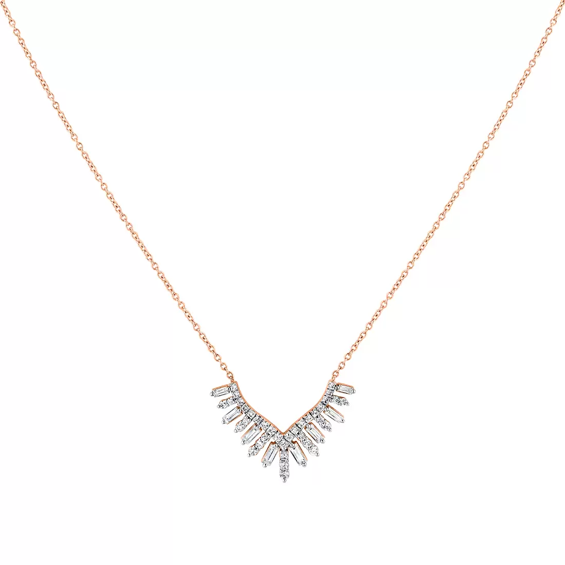 White Gold/Yellow Gold Éternelle Shell Tip Diamond Necklace with Alternating Round and Baguette Diamonds