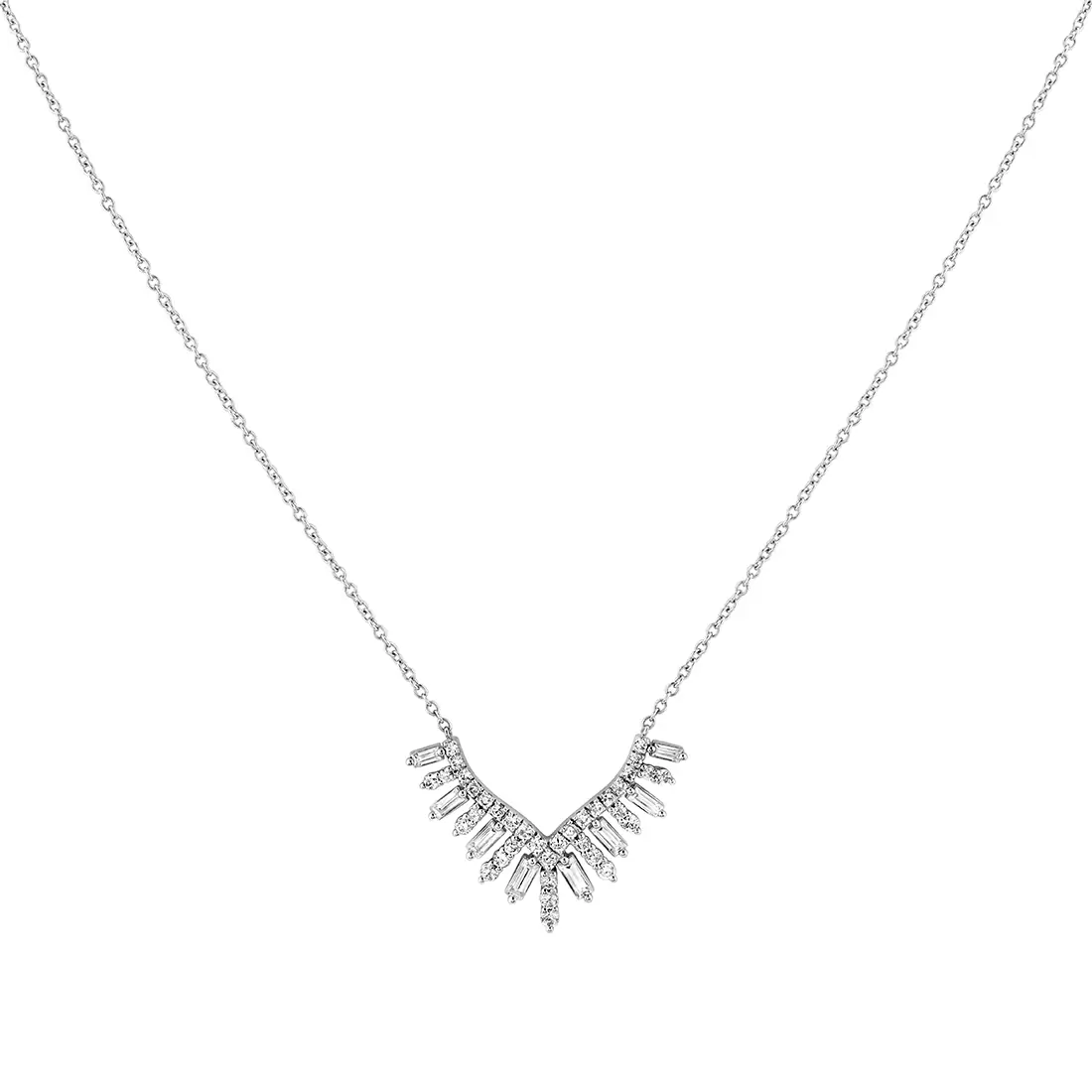 White Gold/Yellow Gold Éternelle Shell Tip Diamond Necklace with Alternating Round and Baguette Diamonds