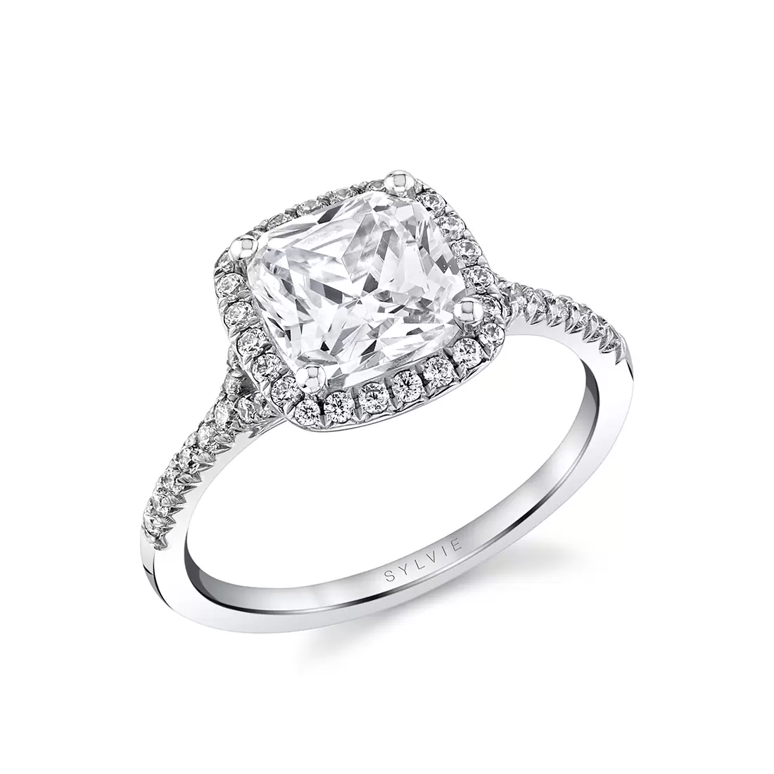 White Gold Cushion Cut Halo Engagement Ring - Alexandra