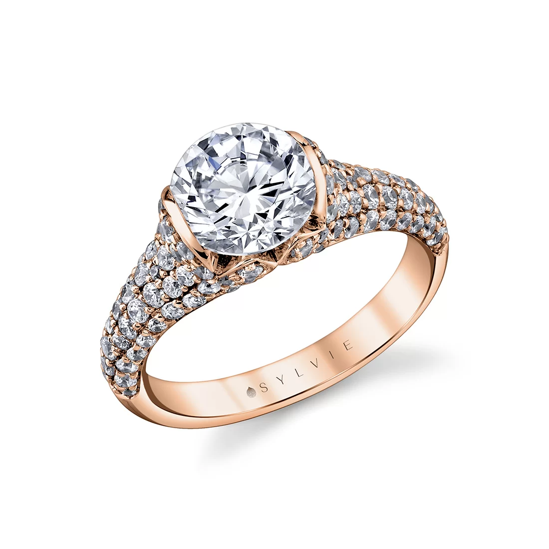 White Gold Shell Auranova Bloom Half Bezel Pavé Engagement Ring - Elowen