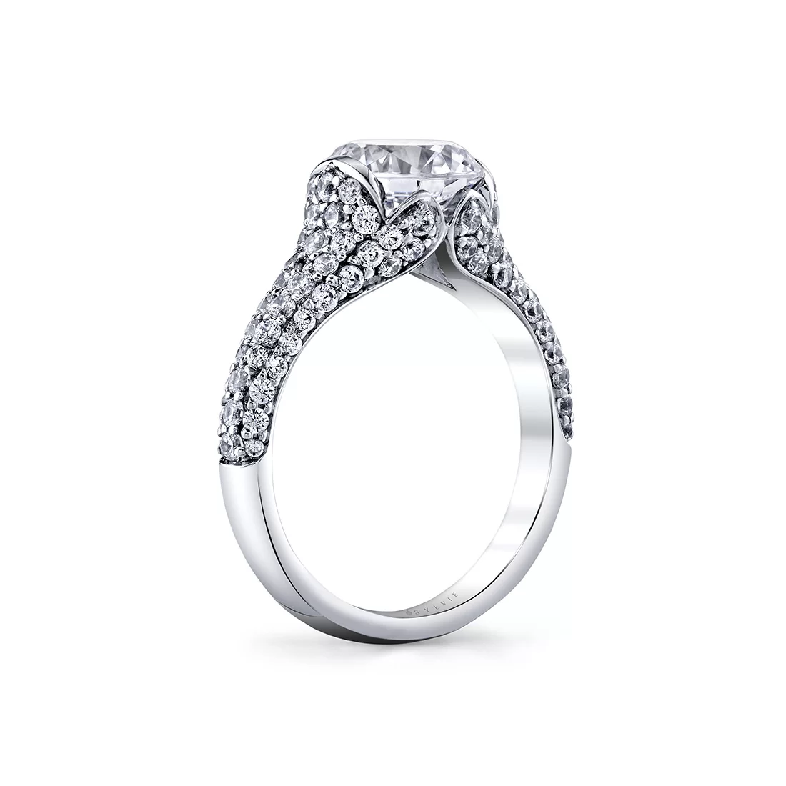 White Gold Shell Auranova Bloom Half Bezel Pavé Engagement Ring - Elowen
