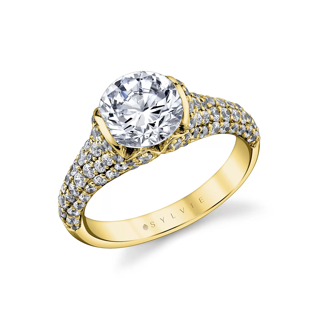 White Gold Shell Auranova Bloom Half Bezel Pavé Engagement Ring - Elowen