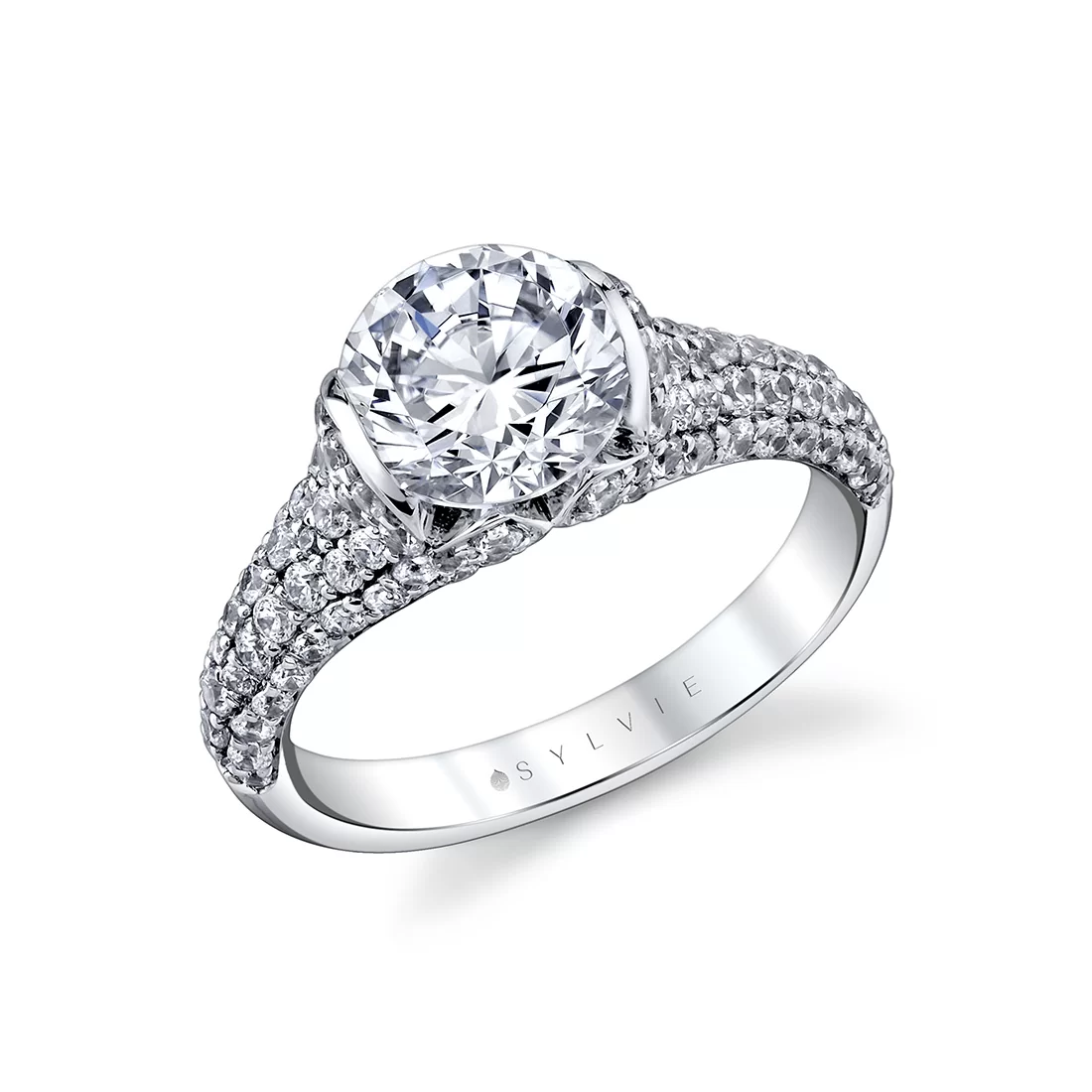 White Gold Shell Auranova Bloom Half Bezel Pavé Engagement Ring - Elowen