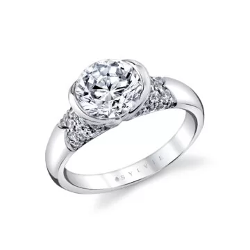 White Gold Shell Auranova Half Bezel Pavé Engagement Ring with Shell Tip Silhouettes - Faelina