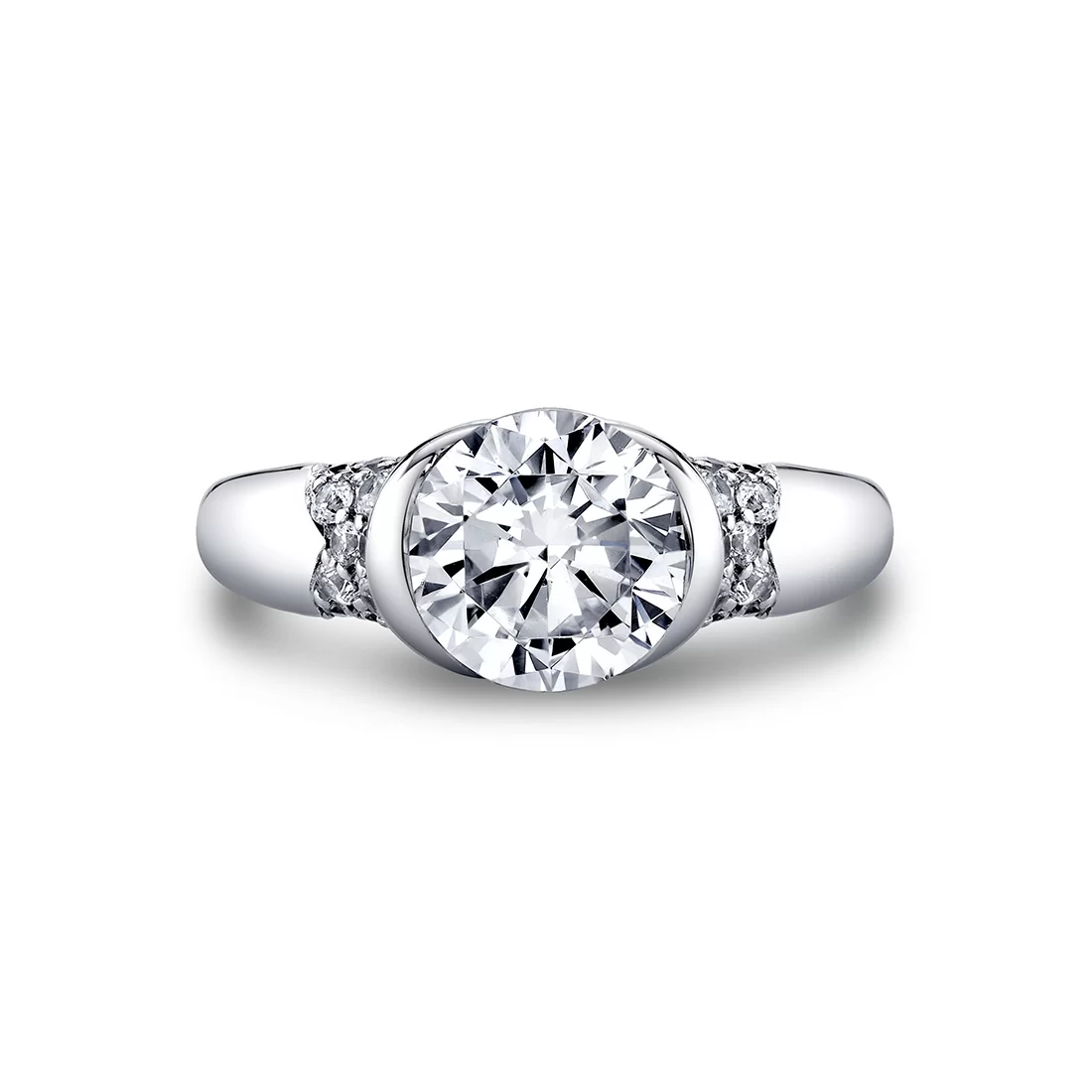 White Gold Shell Auranova Half Bezel Pavé Engagement Ring with Shell Tip Silhouettes - Faelina