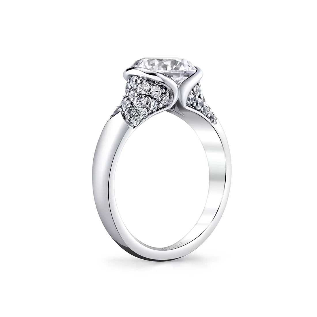 White Gold Shell Auranova Half Bezel Pavé Engagement Ring with Shell Tip Silhouettes - Faelina