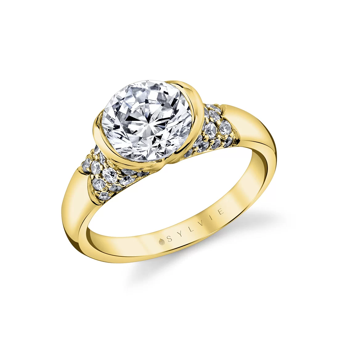 White Gold Shell Auranova Half Bezel Pavé Engagement Ring with Shell Tip Silhouettes - Faelina