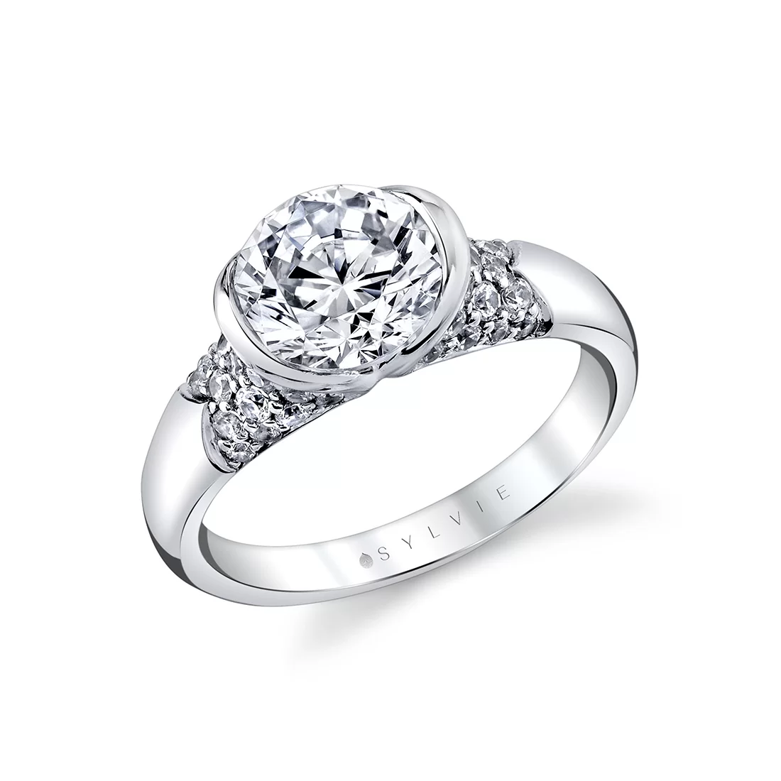 White Gold Shell Auranova Half Bezel Pavé Engagement Ring with Shell Tip Silhouettes - Faelina
