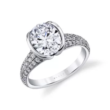 White Gold Shell Auranova Half Bezel Pavé Engagement Ring with Shell Tip Silhouettes - Mariselle