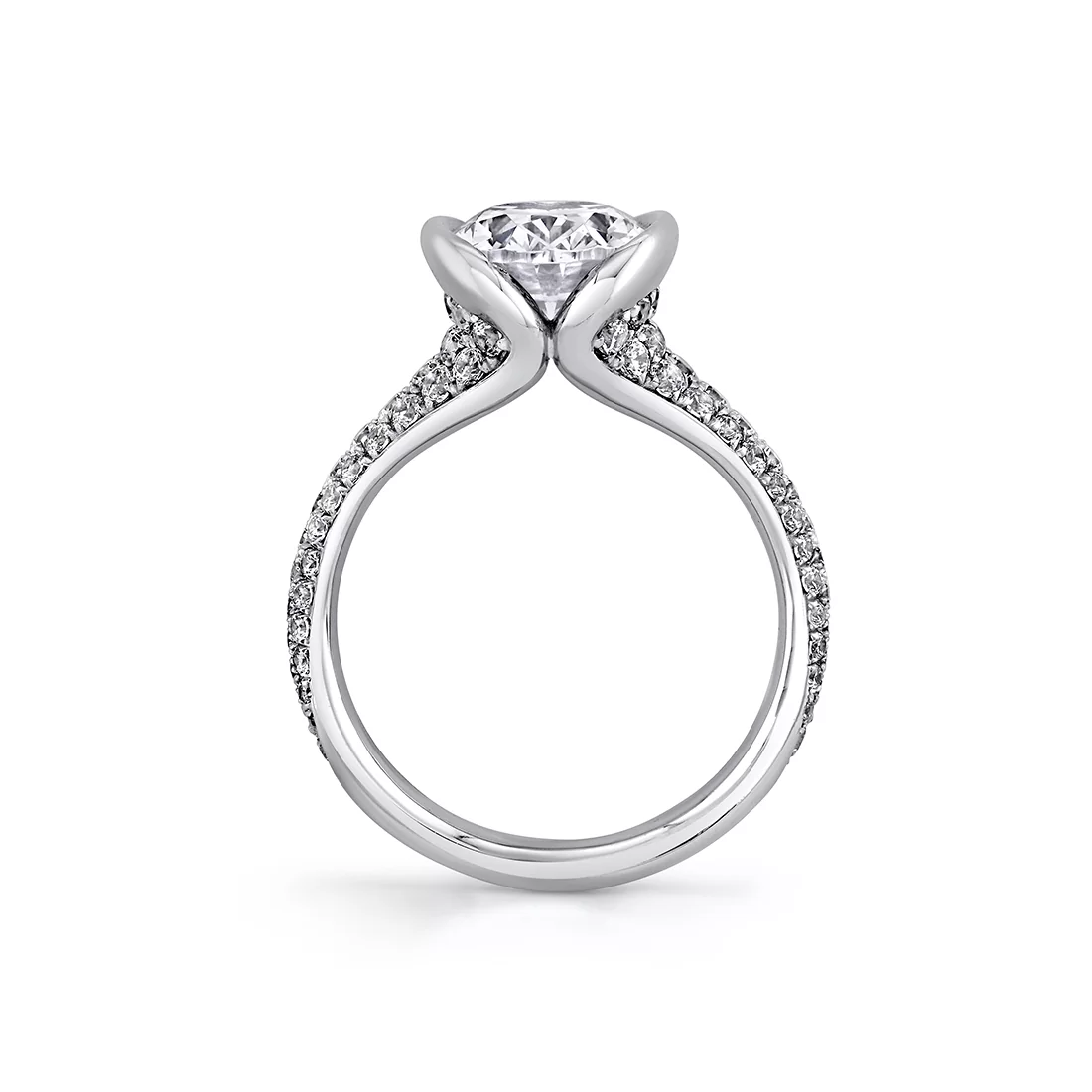 White Gold Shell Auranova Half Bezel Pavé Engagement Ring with Shell Tip Silhouettes - Mariselle