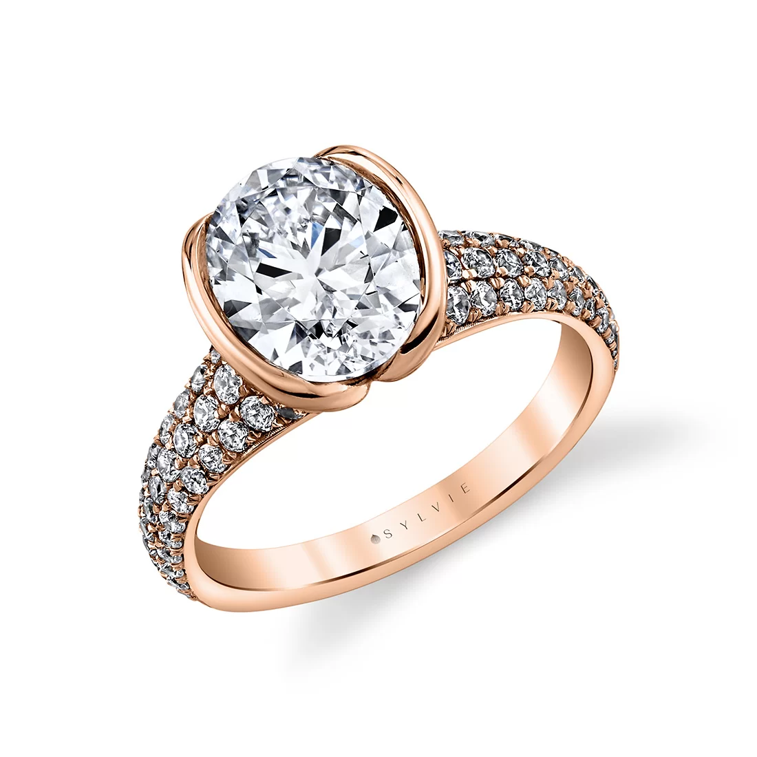 White Gold Shell Auranova Half Bezel Pavé Engagement Ring with Shell Tip Silhouettes - Mariselle