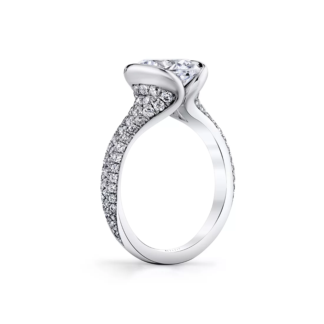 White Gold Shell Auranova Half Bezel Pavé Engagement Ring with Shell Tip Silhouettes - Mariselle