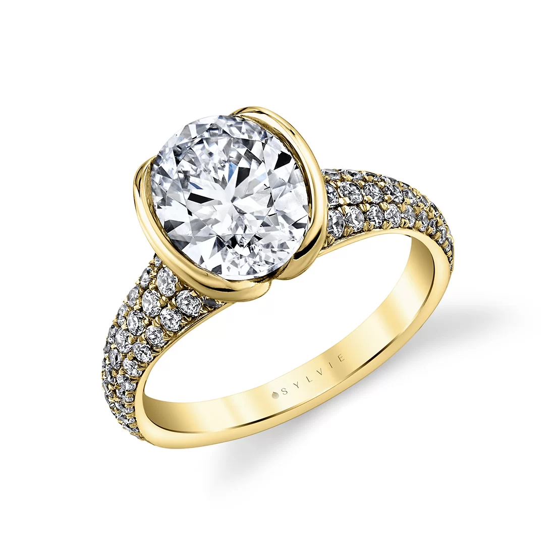 White Gold Shell Auranova Half Bezel Pavé Engagement Ring with Shell Tip Silhouettes - Mariselle