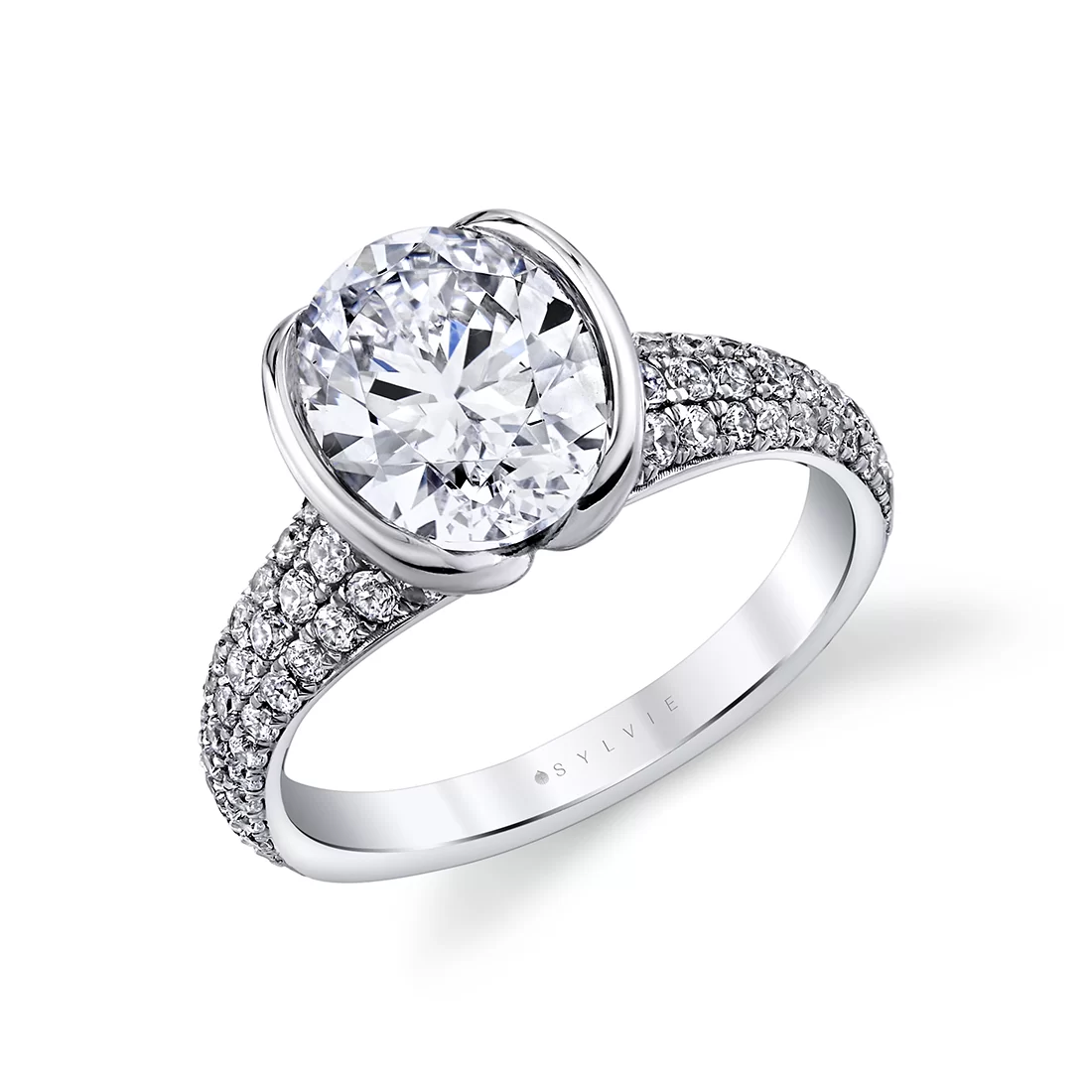 White Gold Shell Auranova Half Bezel Pavé Engagement Ring with Shell Tip Silhouettes - Mariselle
