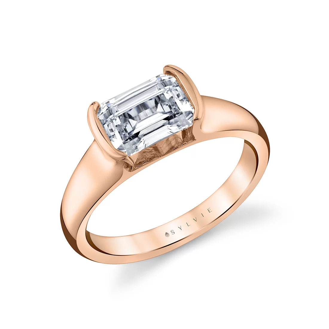 Yellow Gold Shell Auranova East to West Half Bezel Solitaire Engagement Ring - Hollyn