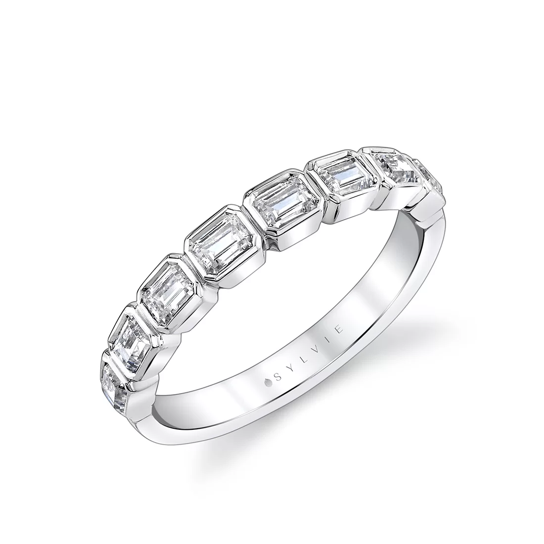 White Gold Emerald Shaped Bezel Wedding Ring