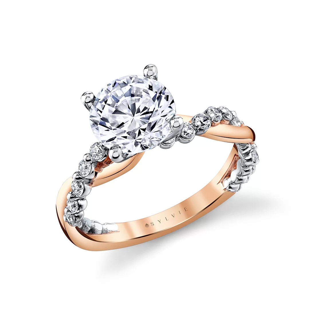 White Gold/Yellow Gold Heritage Round Cut Shared Prong Two Tone Spiral Engagement Ring - Ziva