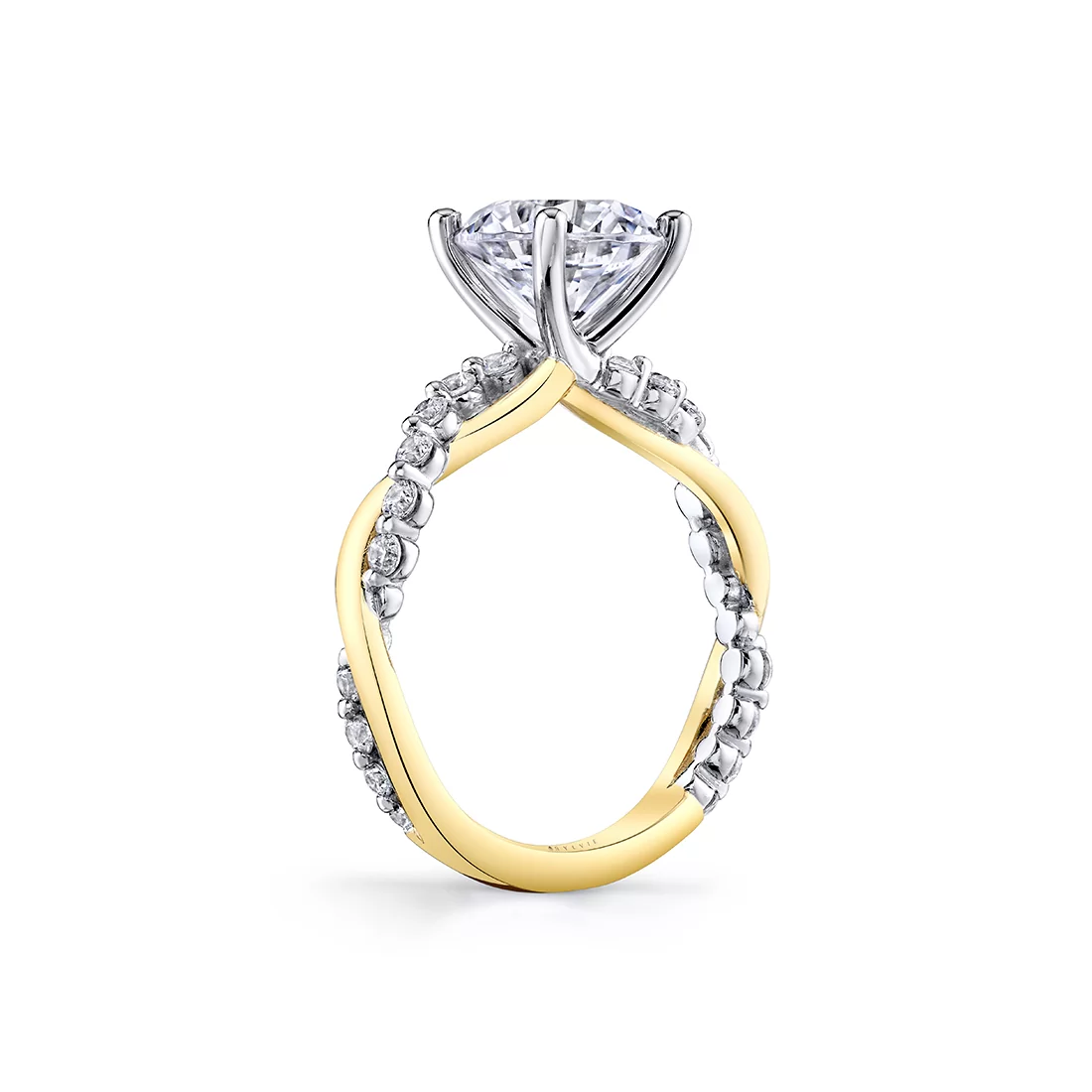 White Gold/Yellow Gold Heritage Round Cut Shared Prong Two Tone Spiral Engagement Ring - Ziva