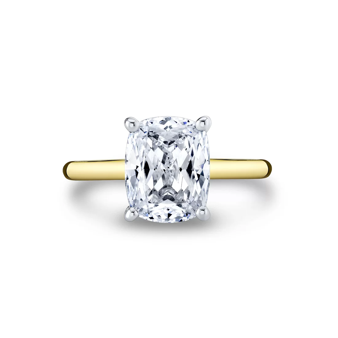 White Gold/Yellow Gold Cushion Cut Solitaire Hidden Halo Engagement Ring - Elin