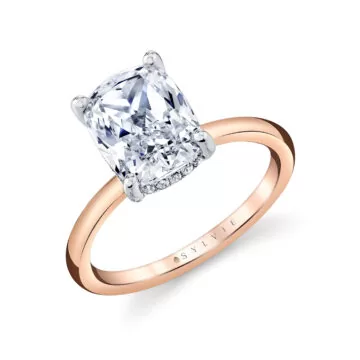 White Gold/Yellow Gold Cushion Cut Solitaire Hidden Halo Engagement Ring - Elin