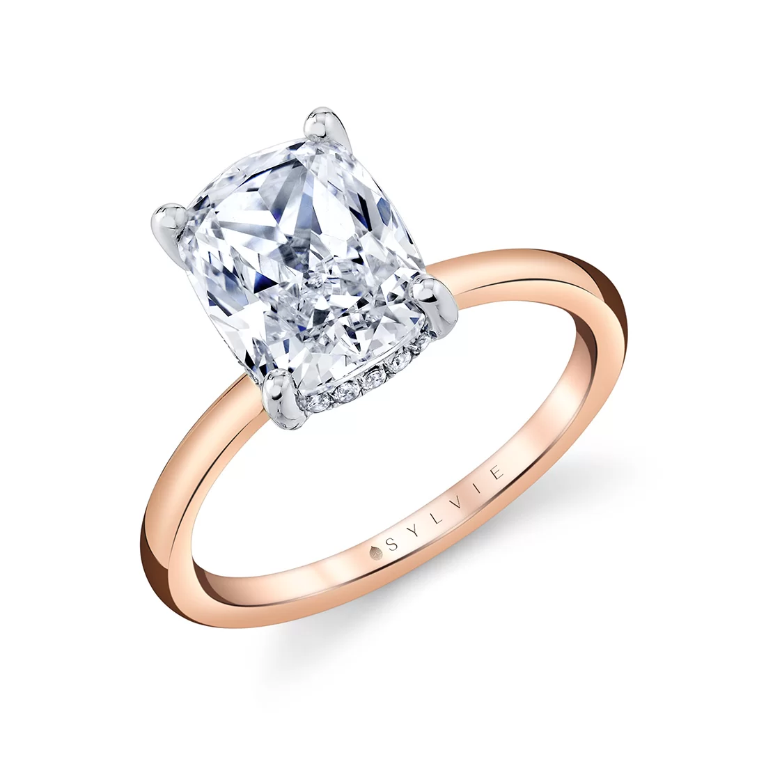 White Gold/Yellow Gold Cushion Cut Solitaire Hidden Halo Engagement Ring - Elin