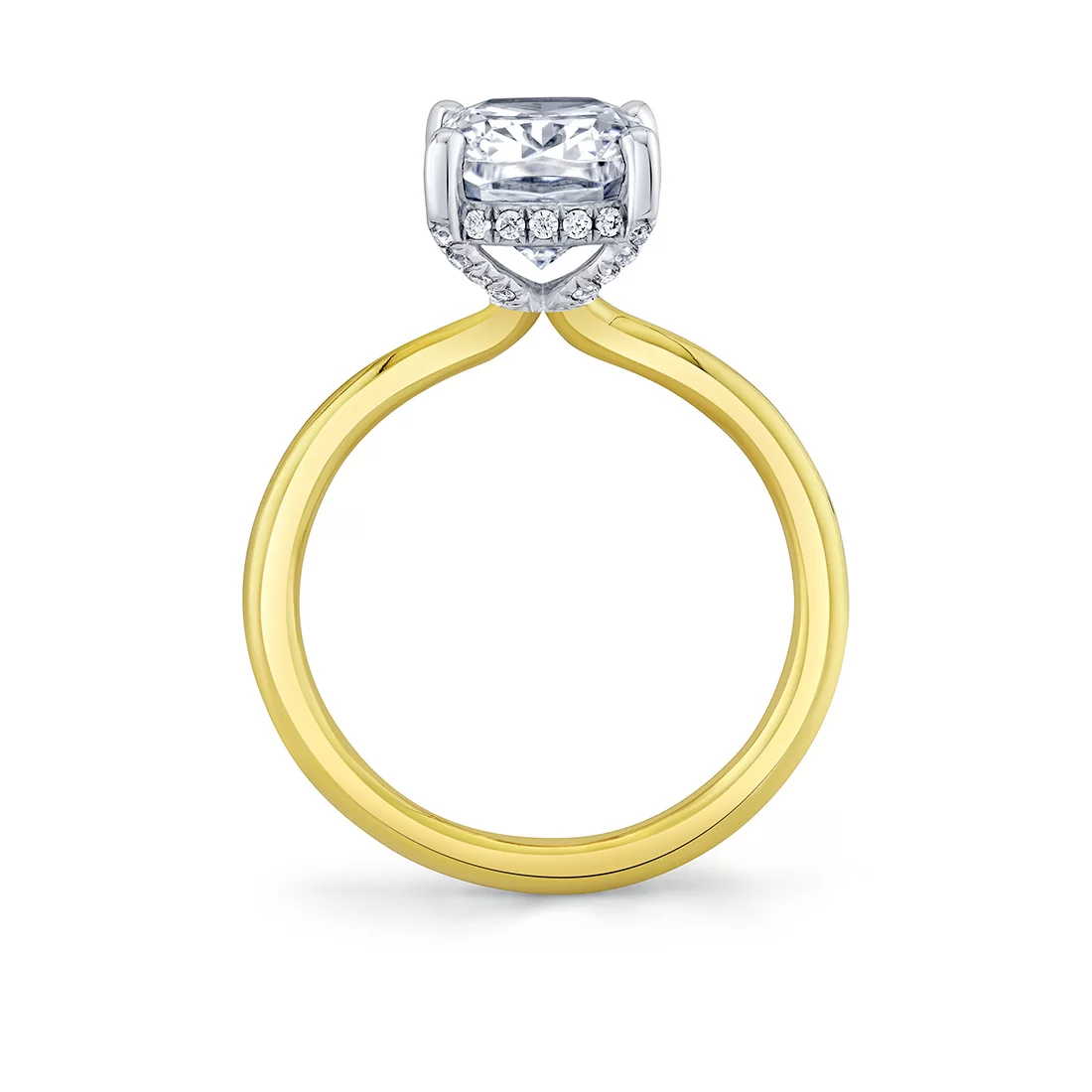 White Gold/Yellow Gold Cushion Cut Solitaire Hidden Halo Engagement Ring - Elin