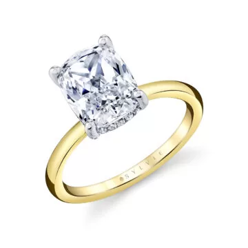 White Gold/Yellow Gold Cushion Cut Solitaire Hidden Halo Engagement Ring - Elin