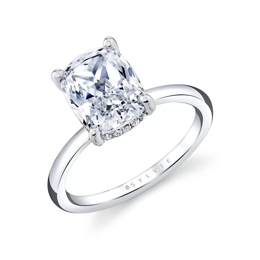 White Gold/Yellow Gold Cushion Cut Solitaire Hidden Halo Engagement Ring - Elin