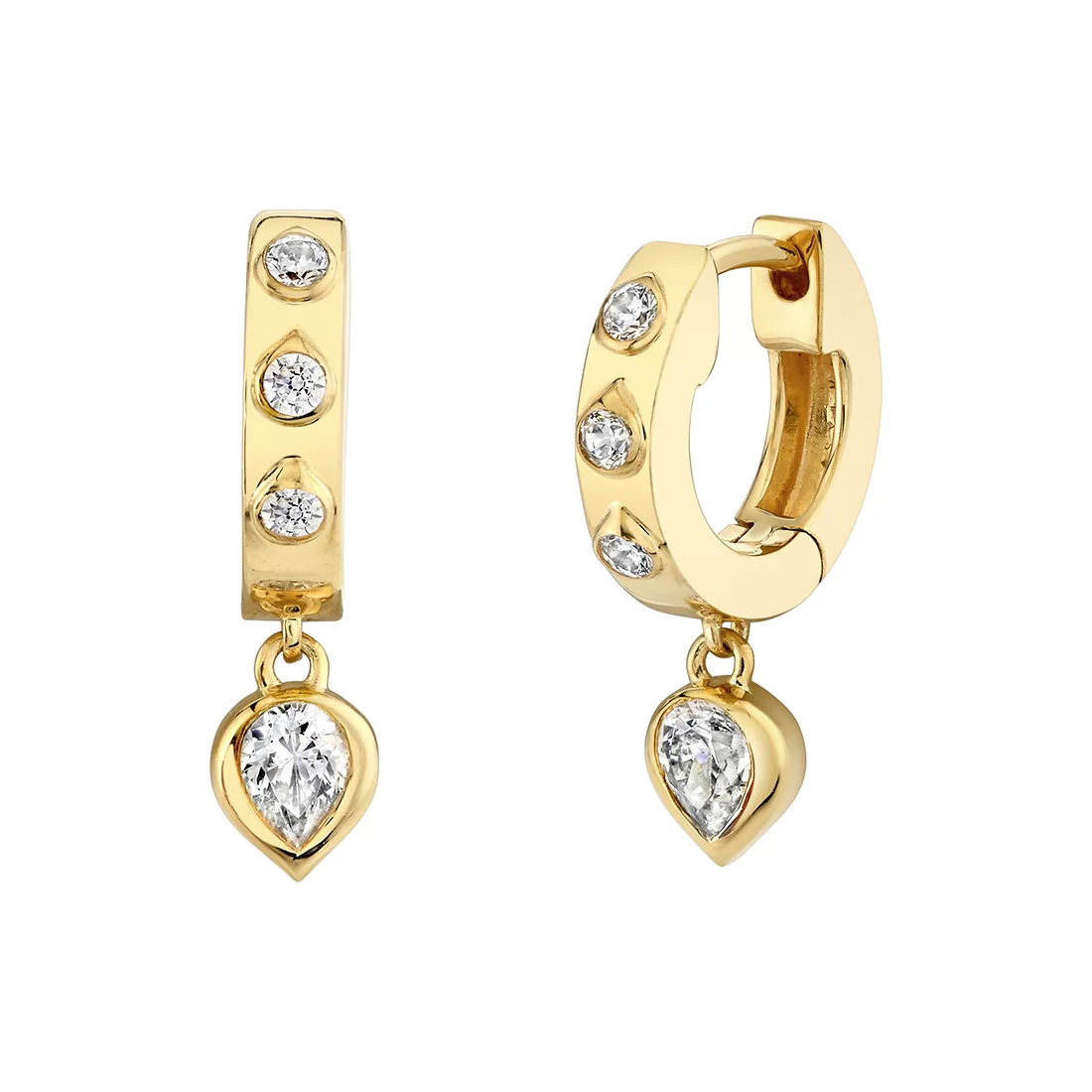 Yellow Gold Shell Bezel Spaced Diamond Dangle Earrings