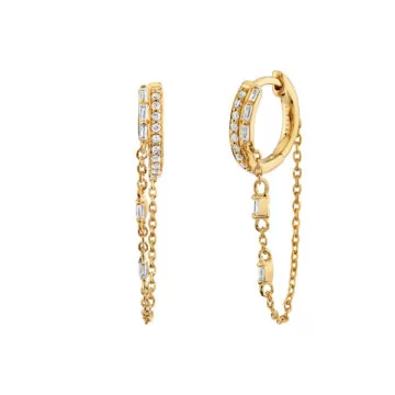 Yellow Gold Baguette Diamond Chain Earrings