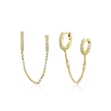 Yellow Gold Baguette Diamond Chain Earrings