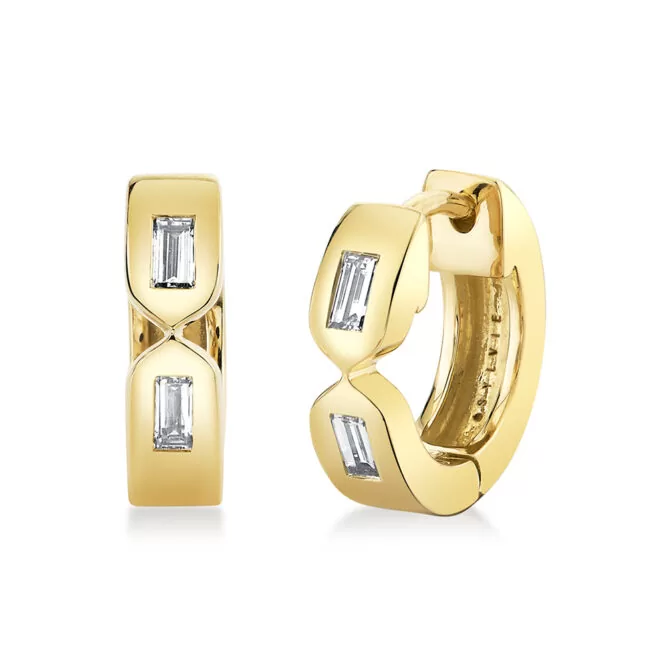 yellow gold bezel baguette diamond huggies