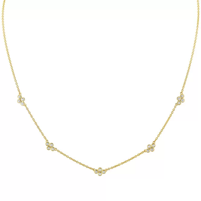 bezel clover station diamond necklace in yellow gold cropped