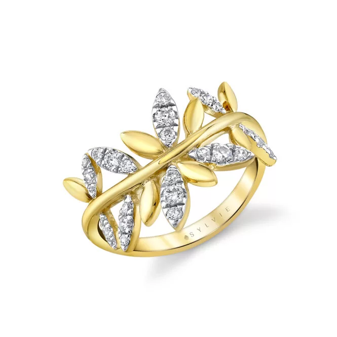 leaf diamond ring in yellow gold