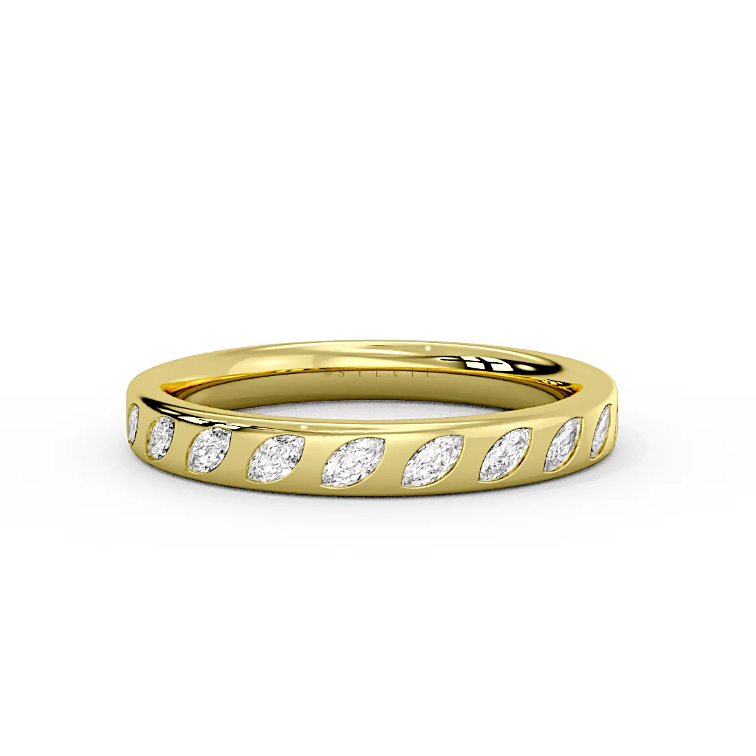 Yellow Gold Flush Set Slanted Marquise Diamond Wedding Ring