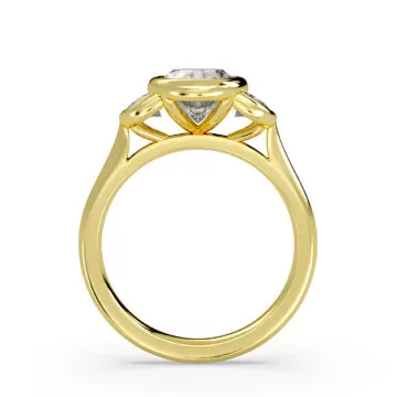 Yellow Gold Oval Cut Bezel Three Stone Engagement Ring with Half Moon Side Stones - Ottilie