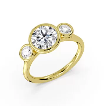 Yellow Gold Round Cut Bezel Three Stone Engagement Ring - Goldie